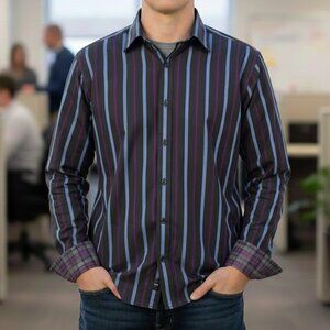 Thomas Dean‎ Men’s XL Flip Cuff Button Down Shirt Striped Upscale Casual Refined